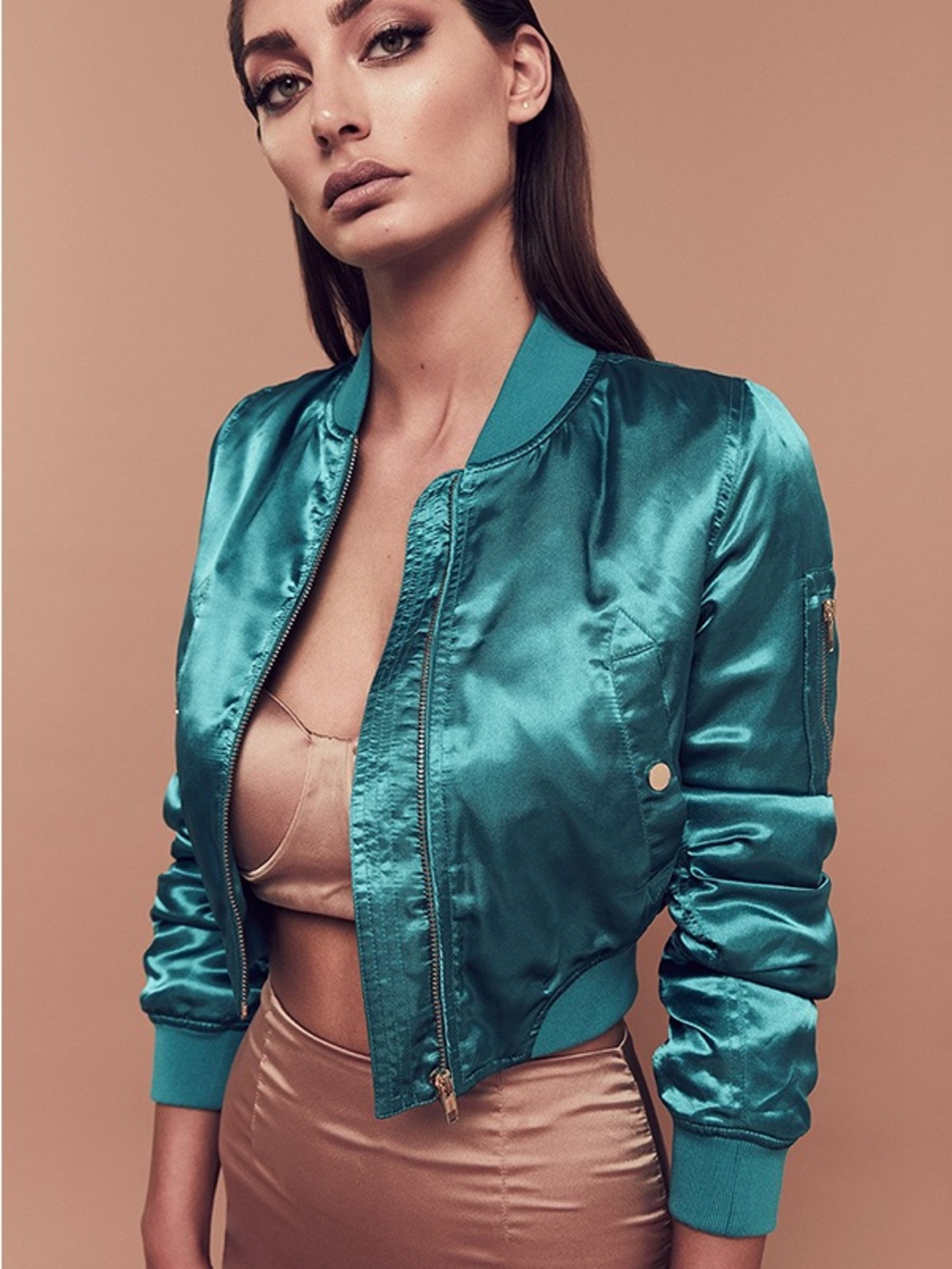 BOSSA Turquoise Satin cropped bomber jacket- NWT